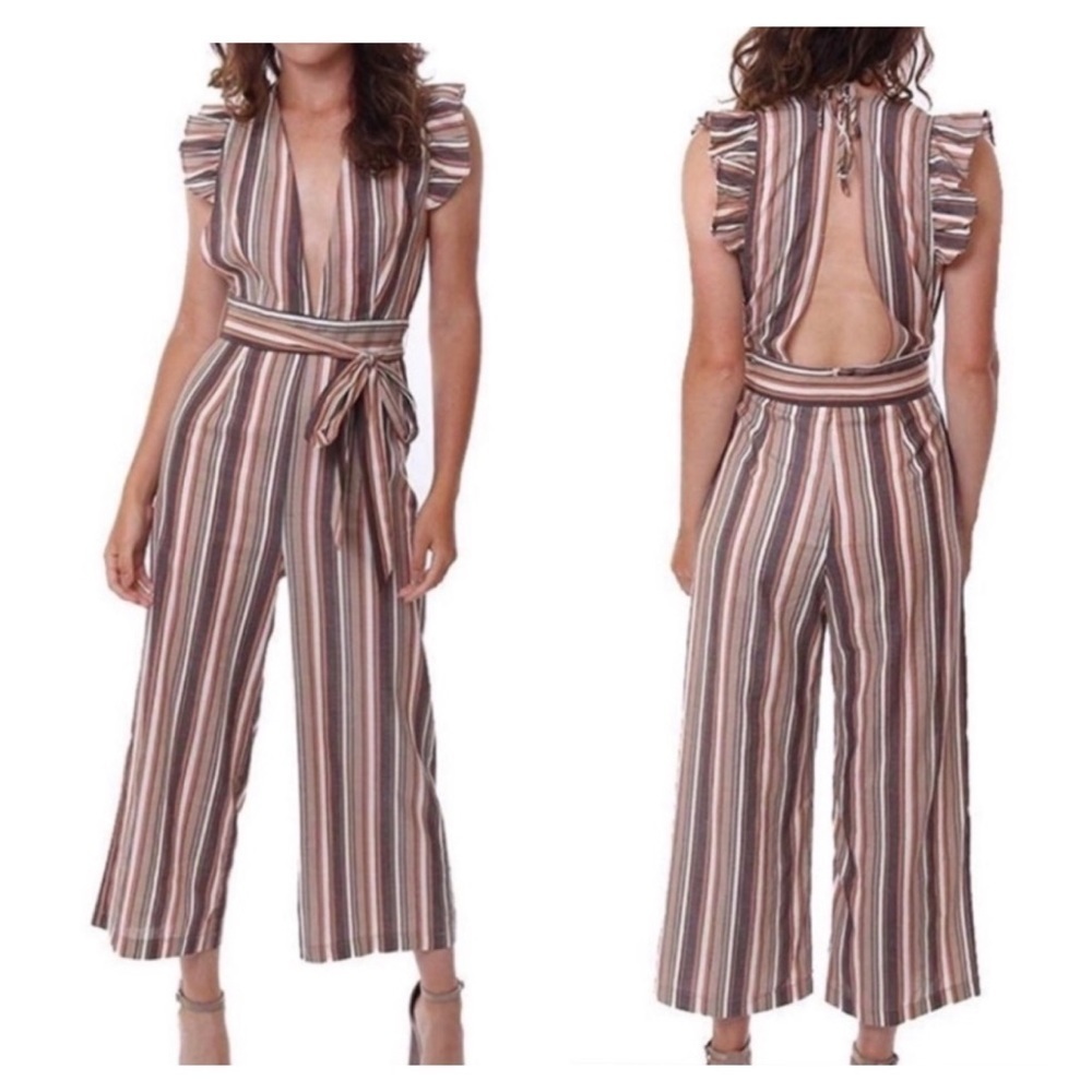 New Storia Multi Striped Crop Cut Out Back Ruffle Jumpsuit Size Small New